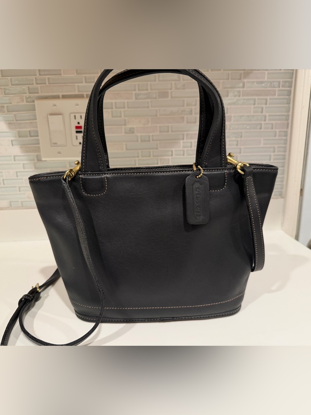 Coach Black Leather Tote Satchel with Gold Hardware